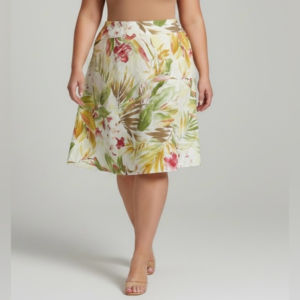Judith Hart Petite Tropical Yellow Floral Green/Pink Print A-Line Skirt 16P
